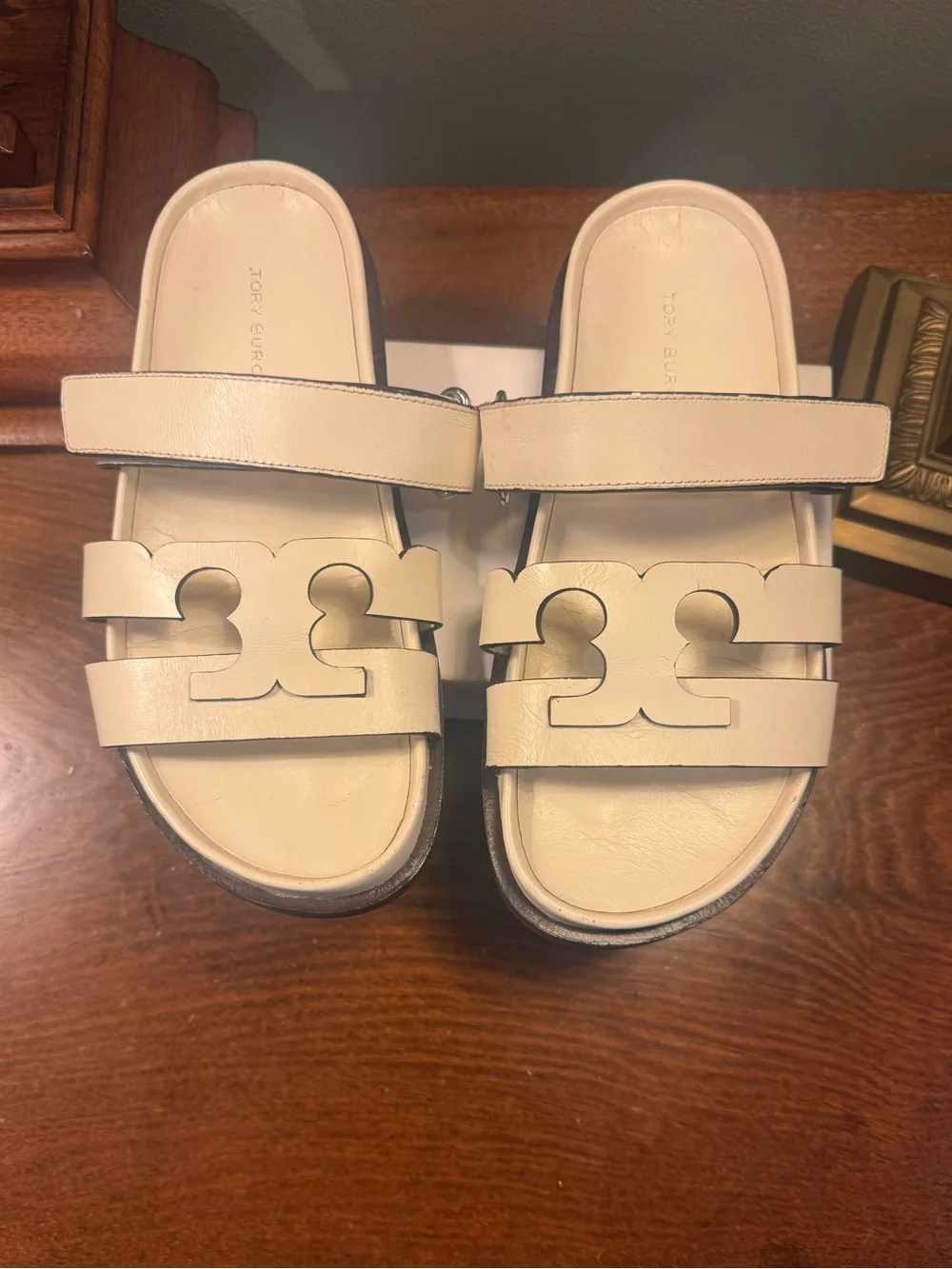 Tory Burch Ines Ivory Leather Double-Strap Logo Sport Slide Sandals Size 5.5
